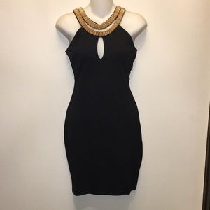 Gold beaded necklace keyhole dress